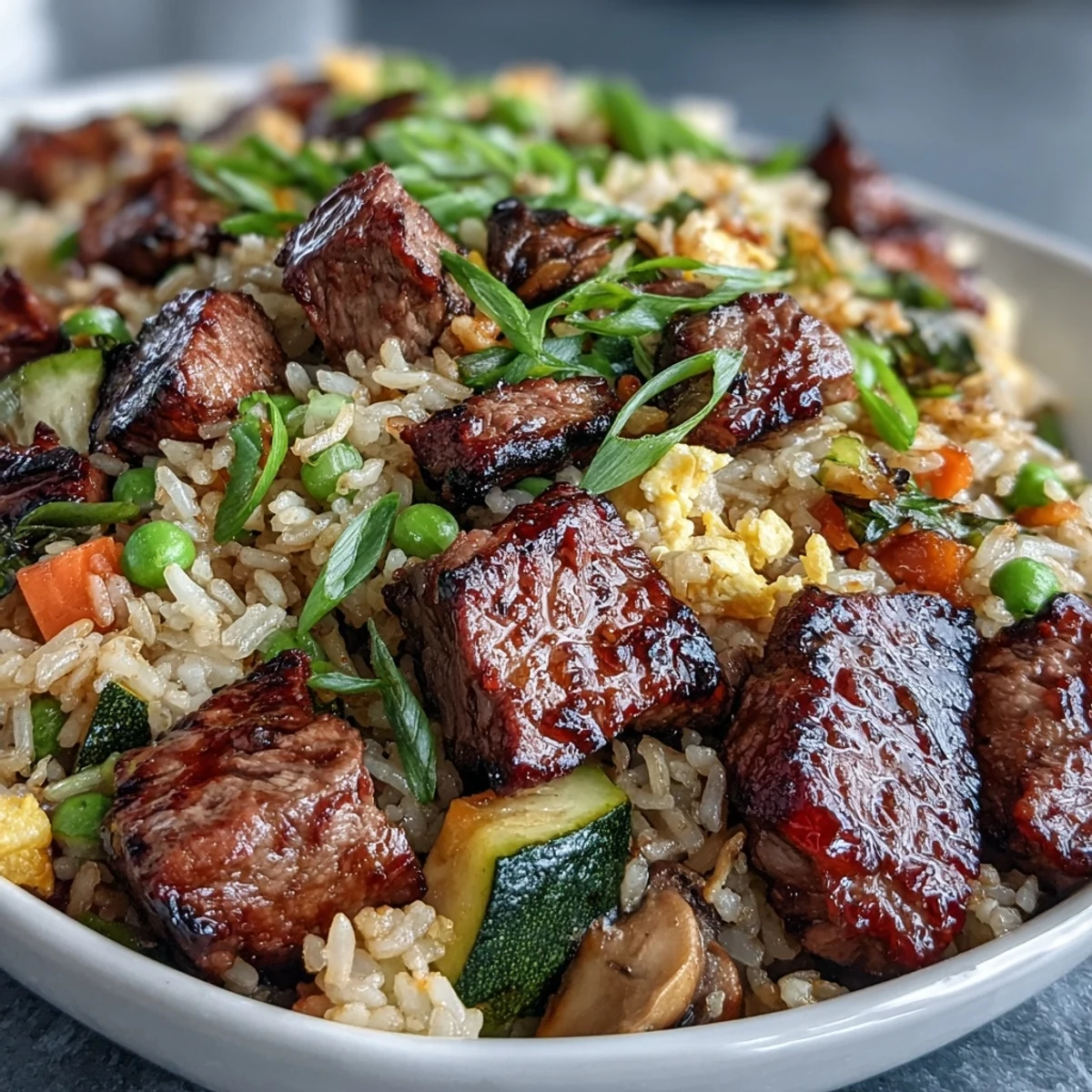 A colorful serving of Easy Hibachi Steak With Fried Rice on a white plate with chopsticks nearby.