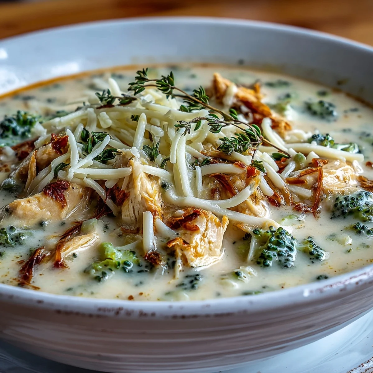 Homemade Chicken Broccoli Cheddar Soup in a white ceramic bowl with a crusty bread slice on the side.  