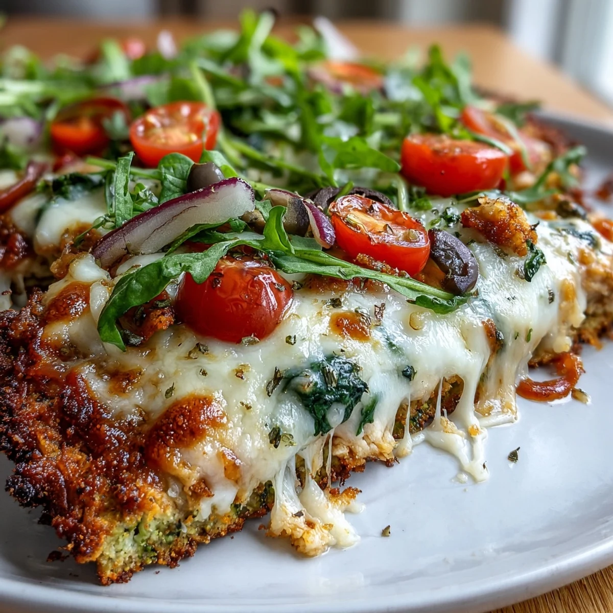 A close-up of Broccoli Chicken Crust Pizza with colorful vegetable toppings and melted cheese.