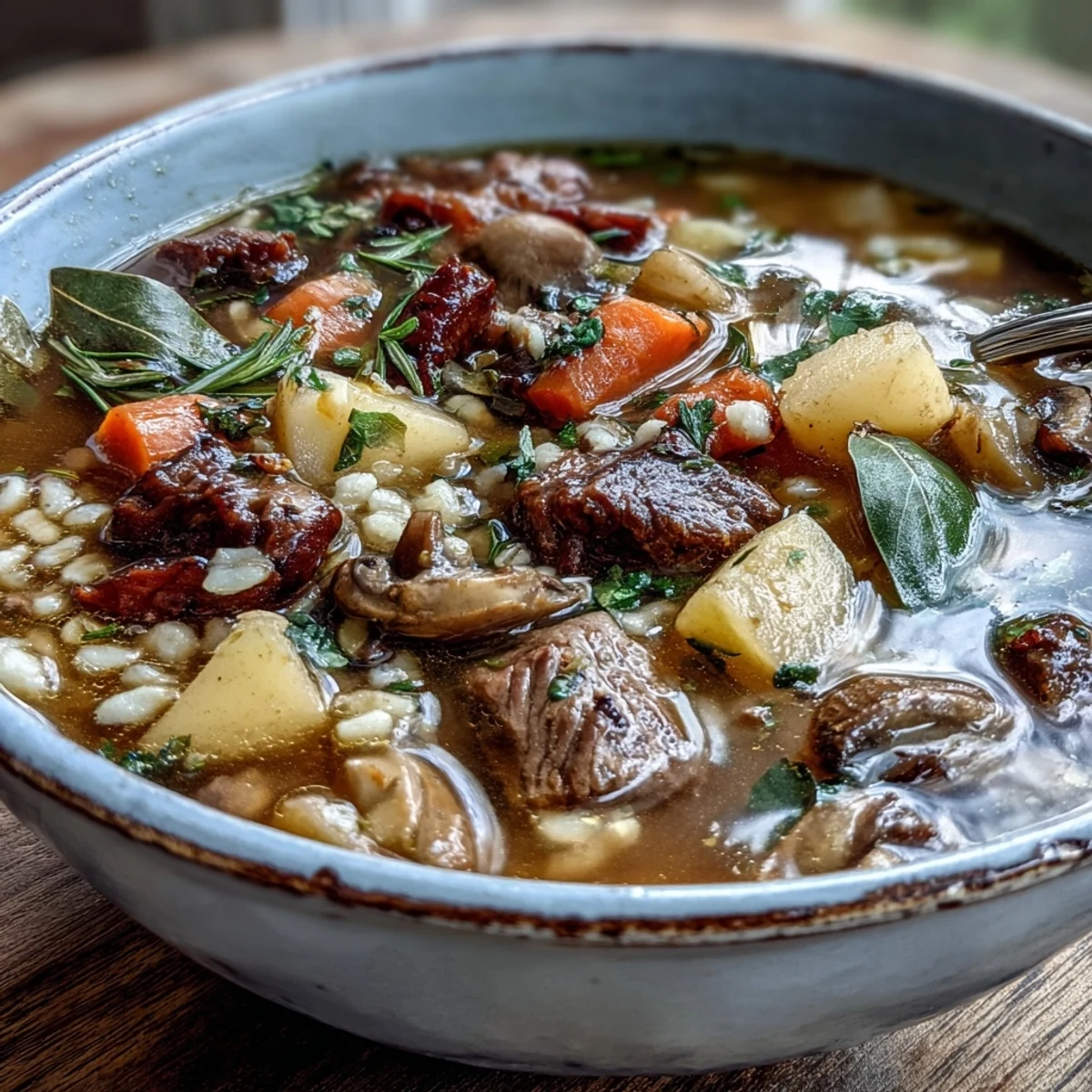 Beef and Barley Soup steaming in a rustic bowl, topped with fresh parsley and served alongside crusty bread.
