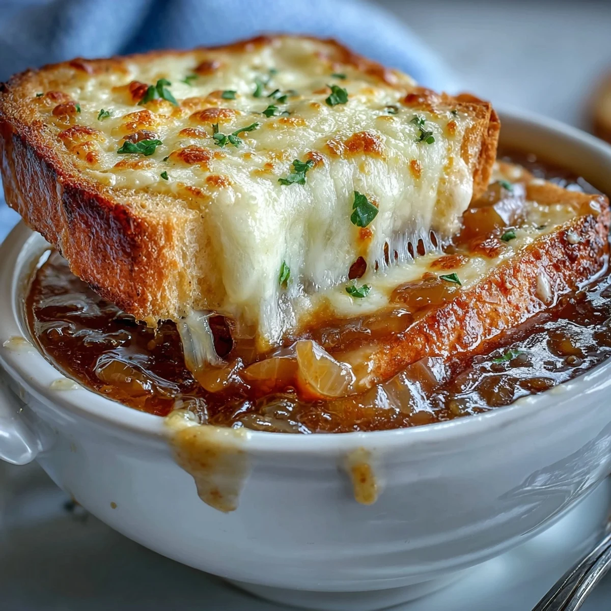 Golden, bubbly Gruyère cheese melted over toasted baguette slices in a bowl of hot Classic French Onion Soup.