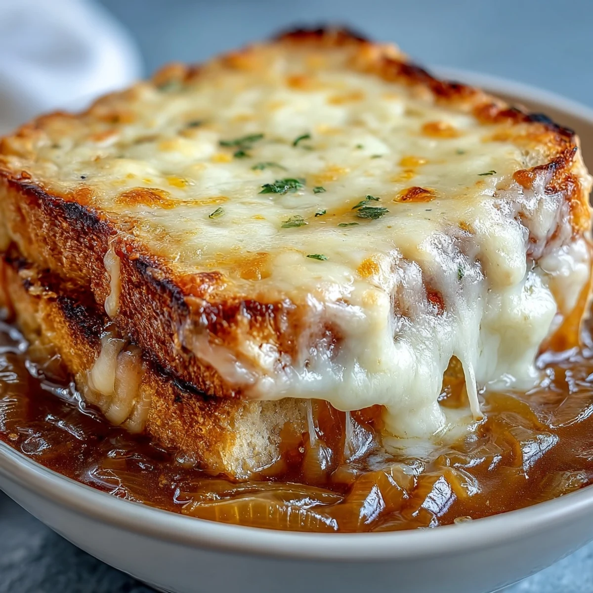 Rich Classic French Onion Soup served in a rustic ceramic bowl, finished with gooey, golden-brown Gruyère.