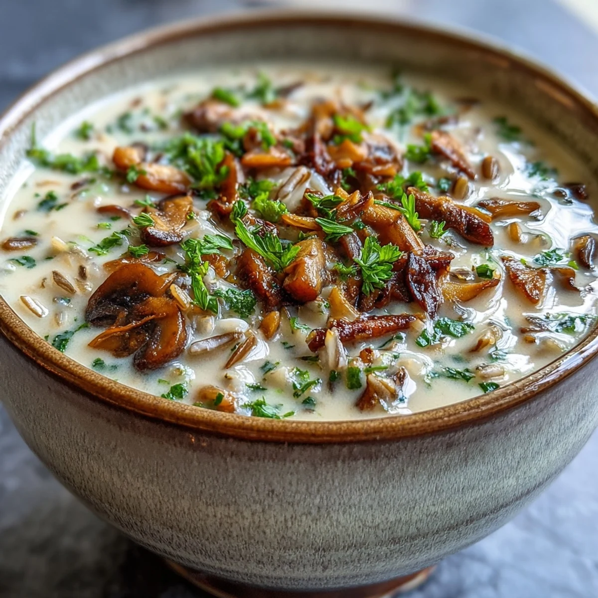A comforting bowl of Wild Rice Mushroom Soup garnished with fresh parsley, ready to serve hot with crusty bread.  