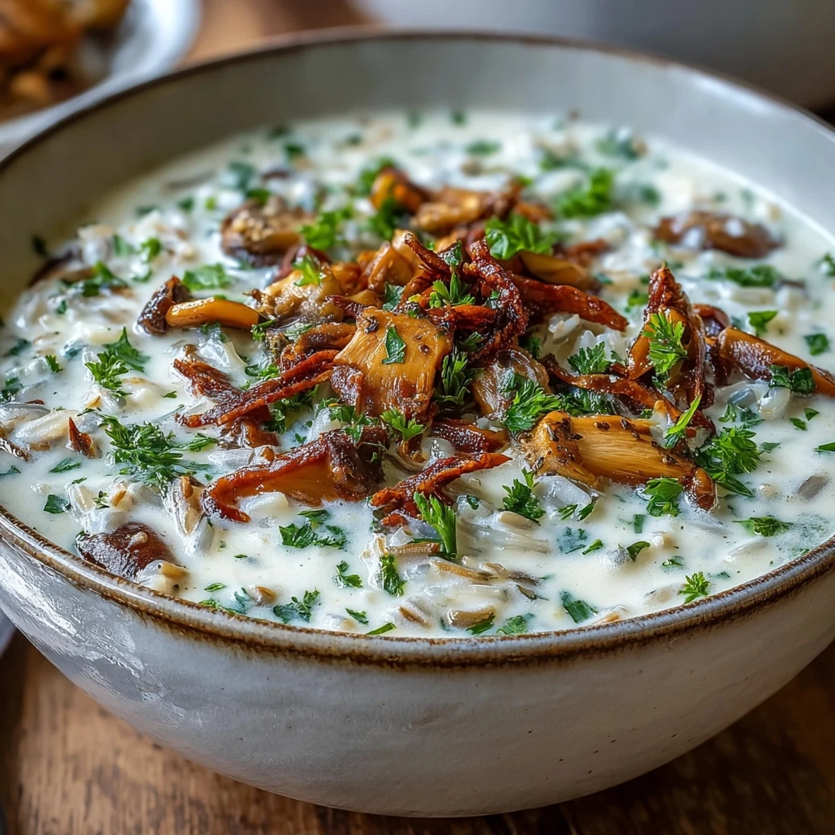 Steaming Wild Rice Mushroom Soup in a white bowl, featuring earthy mushrooms and aromatic herbs for a cozy meal.