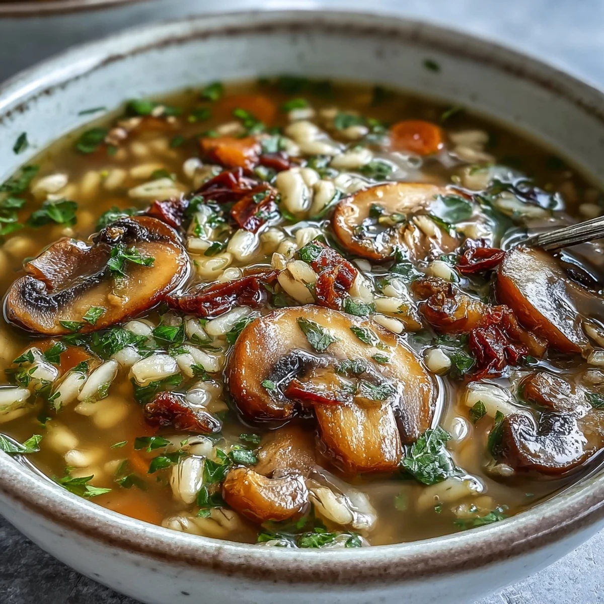 A steaming bowl of mushroom barley soup, showcasing tender pearl barley and sliced mushrooms in a savory broth, garnished with fresh parsley.