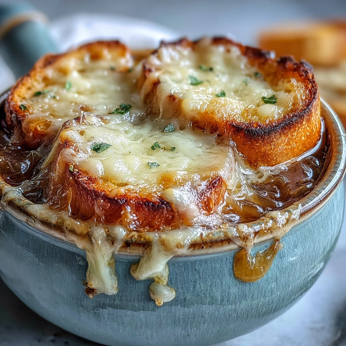 Steaming French Onion Soup in a ceramic crock, topped with melted Gruyère and toasted baguette.
