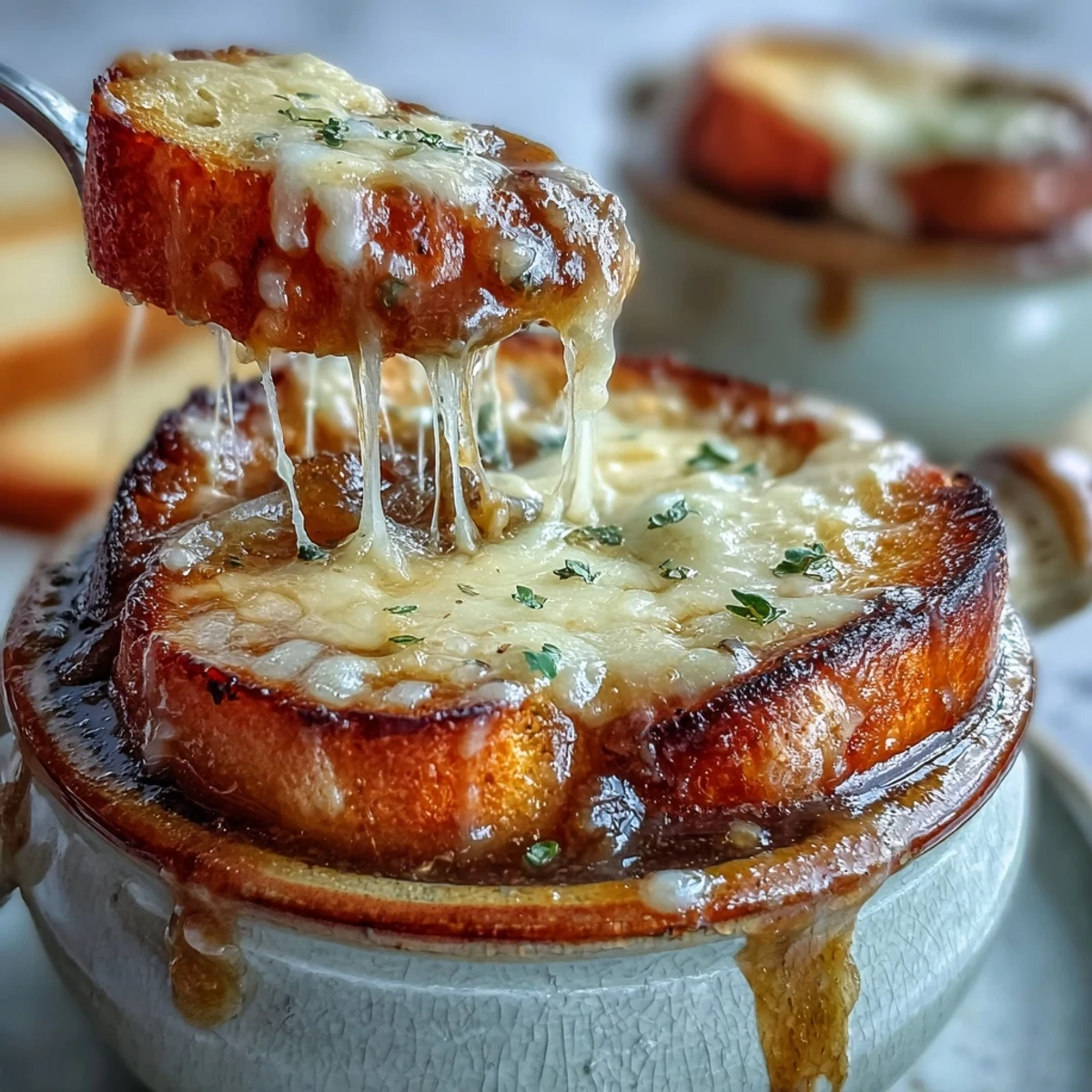 Oven-browned French Onion Soup in broiler-safe bowls with golden, bubbly Gruyère on top.