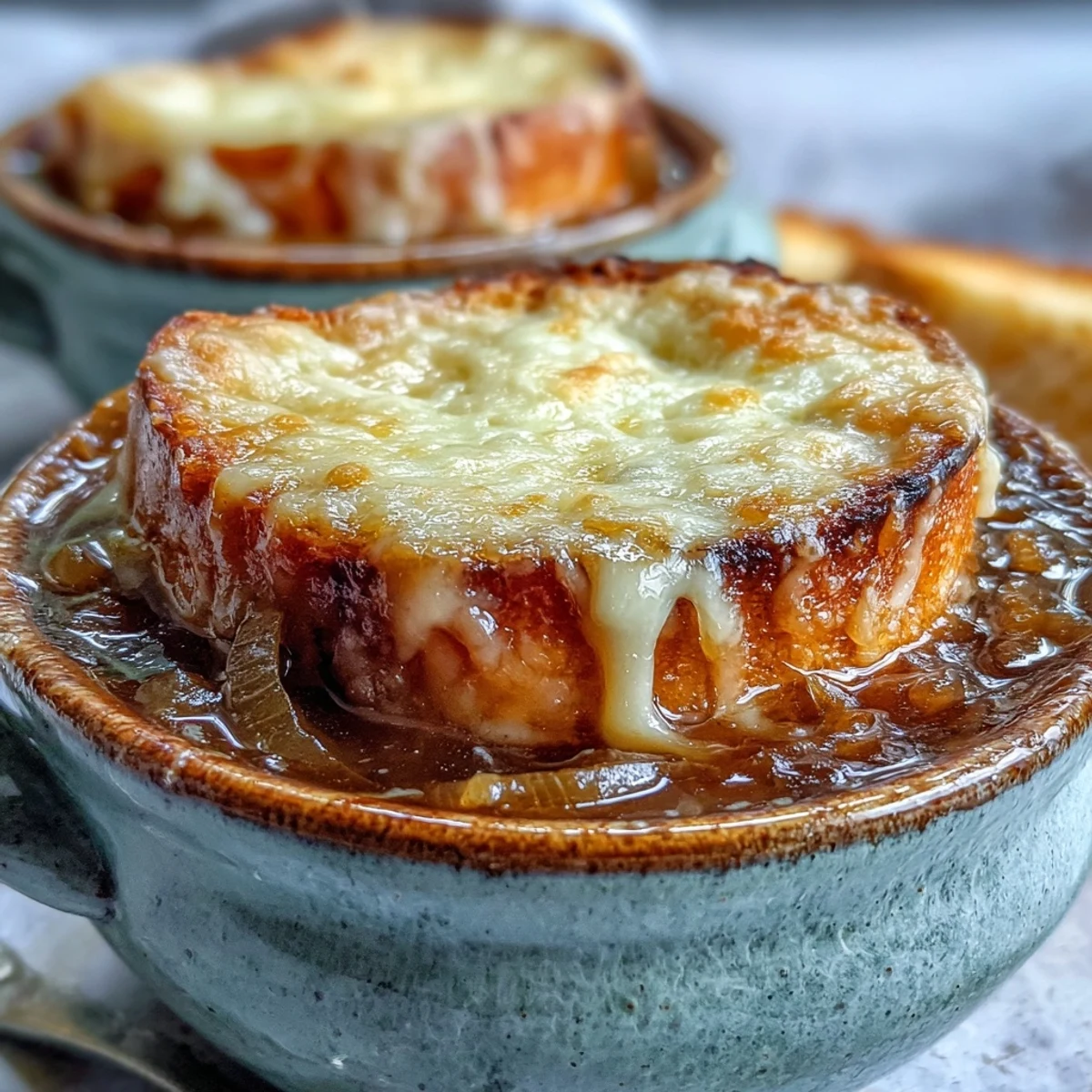 Rustic French Onion Soup in a Dutch oven, featuring caramelized onions and fresh thyme.
