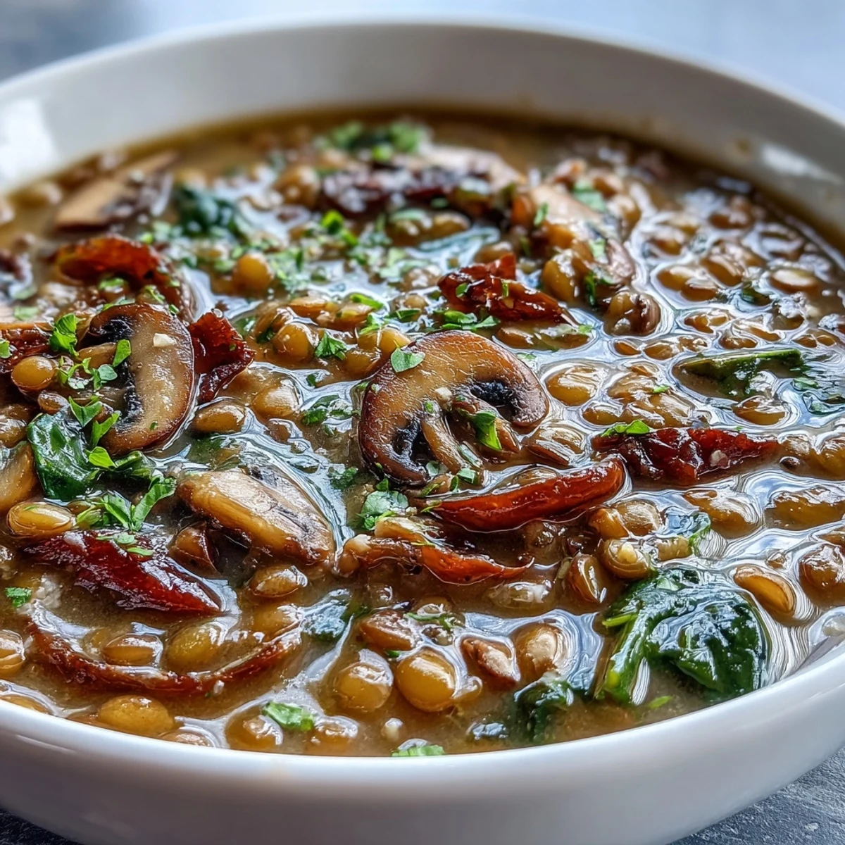 A ladle scooping up a serving of Double Lentil and Mushroom Barley Soup, showing the thick texture with collard greens and tender barley floating in the vegetable broth.