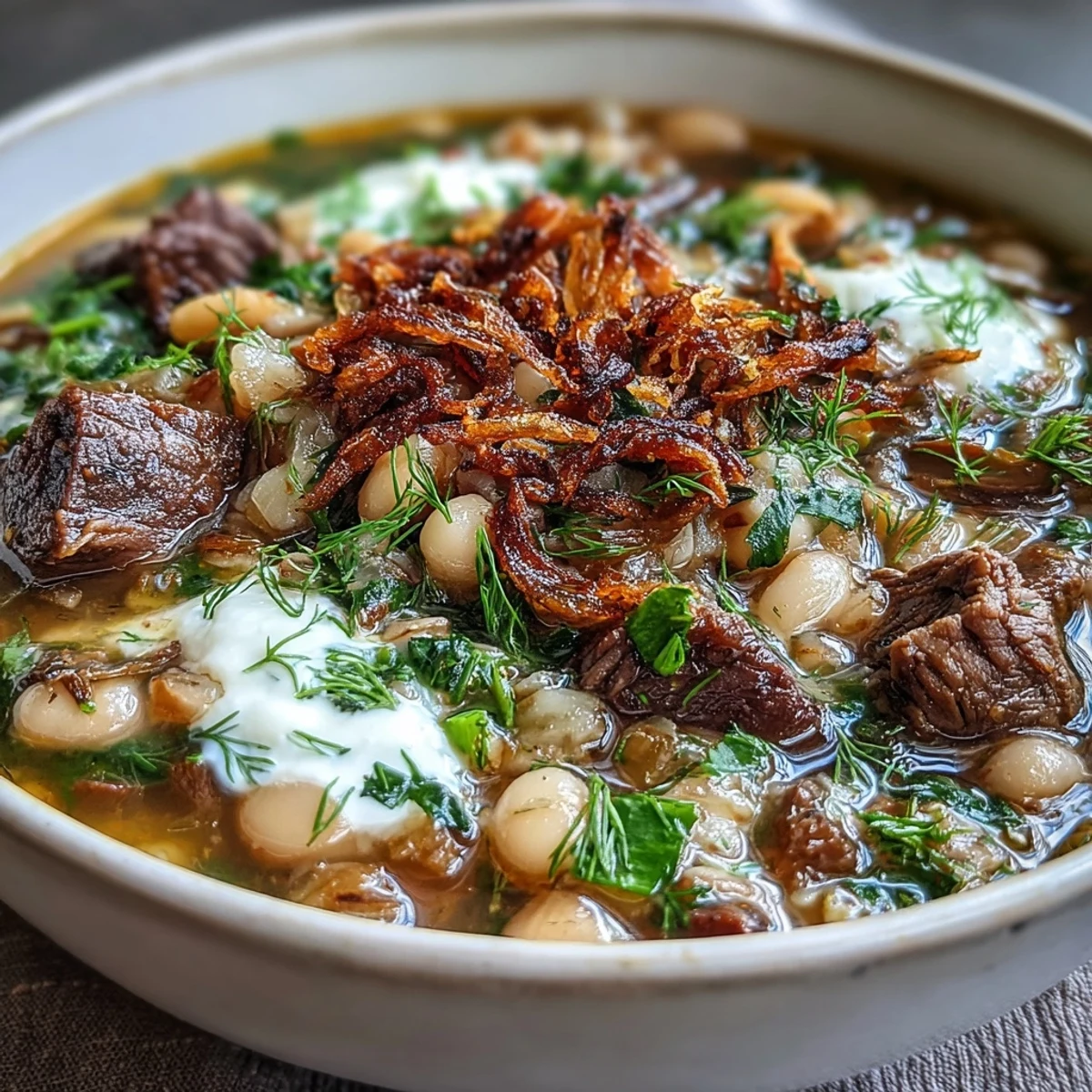 Ladle serving aromatic Persian-style Beef Barley Soup alongside crusty bread for dipping.