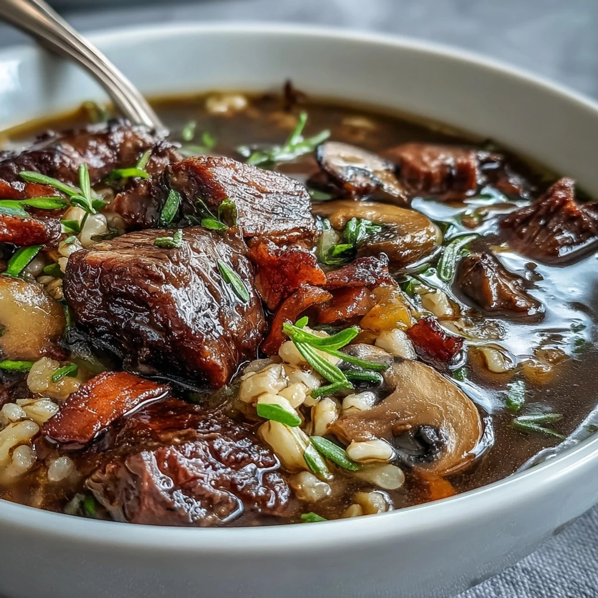 A close-up of a steaming bowl of beef and barley soup, featuring tender chunks of beef, sliced mushrooms, and carrots in a rich broth.