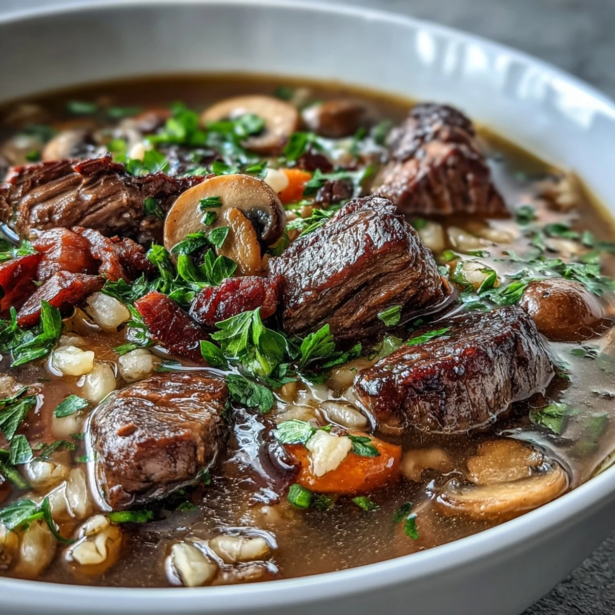 Fresh parsley garnish sits atop a hearty serving of beef and barley soup, with a rustic spoon ready to scoop the comforting meal.