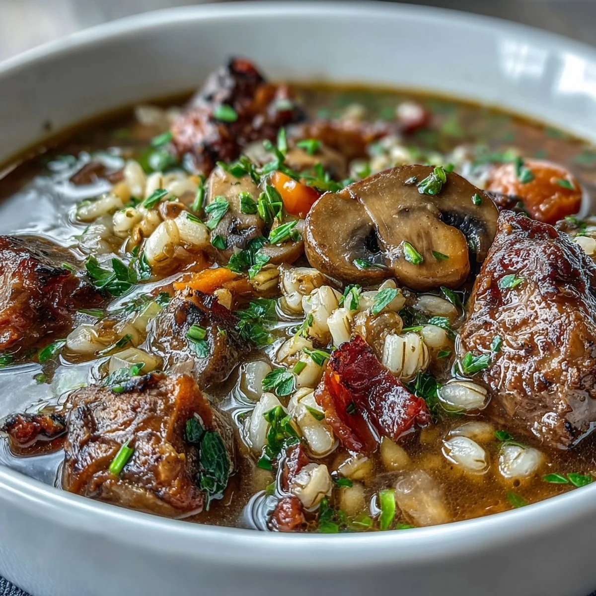 A ladle pours a rich serving of beef and barley soup into a ceramic bowl, highlighting the tender meat and earthy mushrooms.