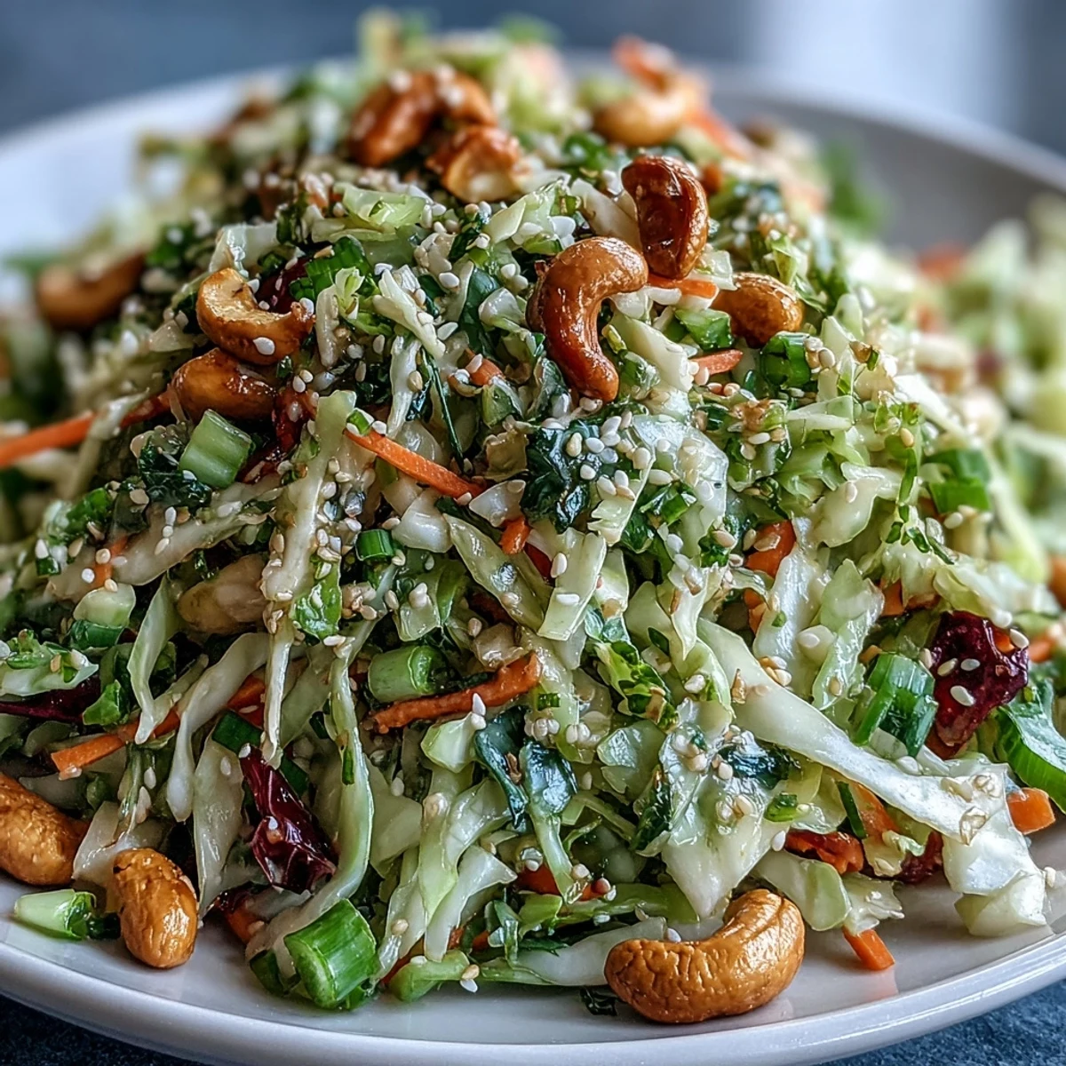 Vibrant Asian Cabbage Salad with crisp green and red cabbage, shredded carrots, and fresh cilantro leaves tossed in a glossy sesame-ginger dressing.