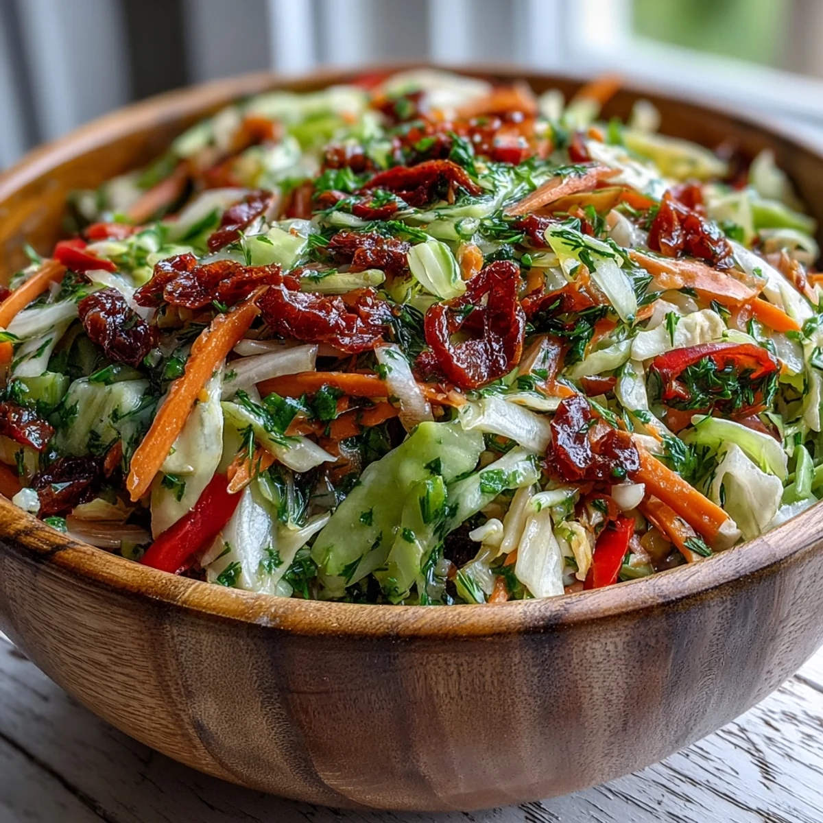 Freshly tossed cabbage salad with sun-dried tomatoes and a drizzle of herby dressing in a white bowl.