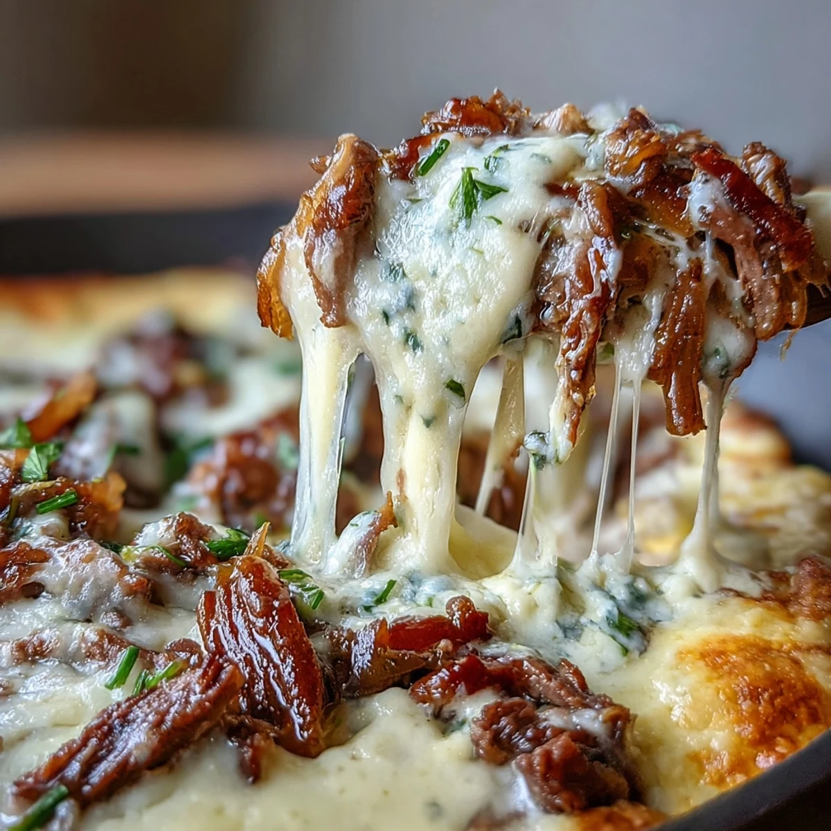 Golden, melty Philly Cheesesteak Dip scooped onto a toasted crostini with peppers and onions.
