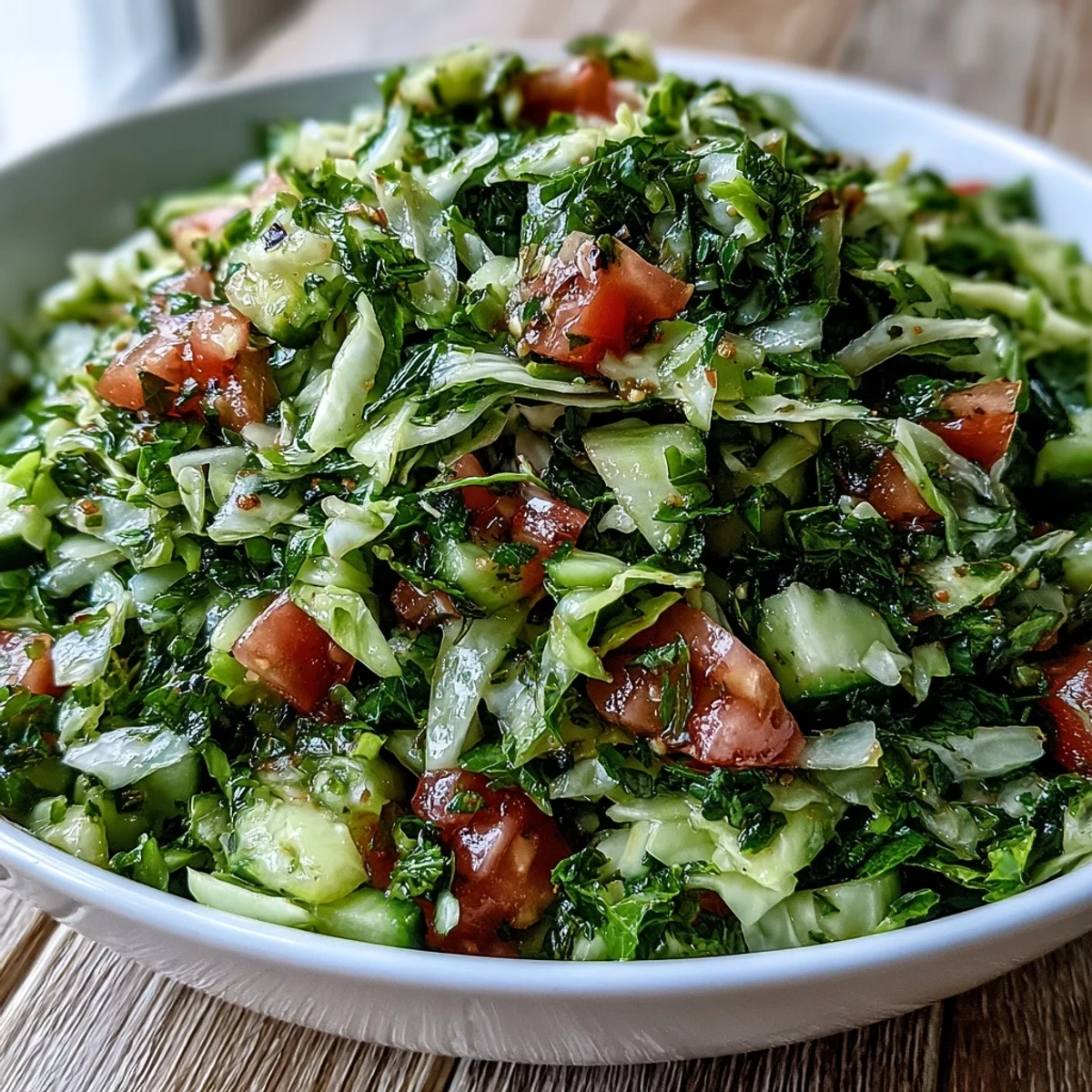 Bright Lebanese Cabbage Salad in a white bowl with chopped tomatoes, cucumbers, and fresh herbs, drizzled with lemon-olive oil dressing.