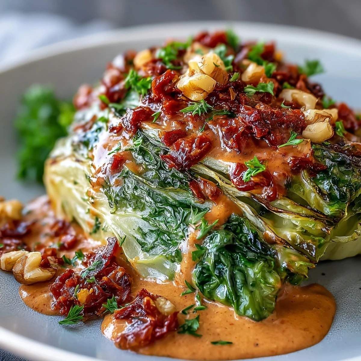 Golden-brown roasted cabbage wedges are drizzled with bold, nutty winter romesco sauce and fresh parsley.