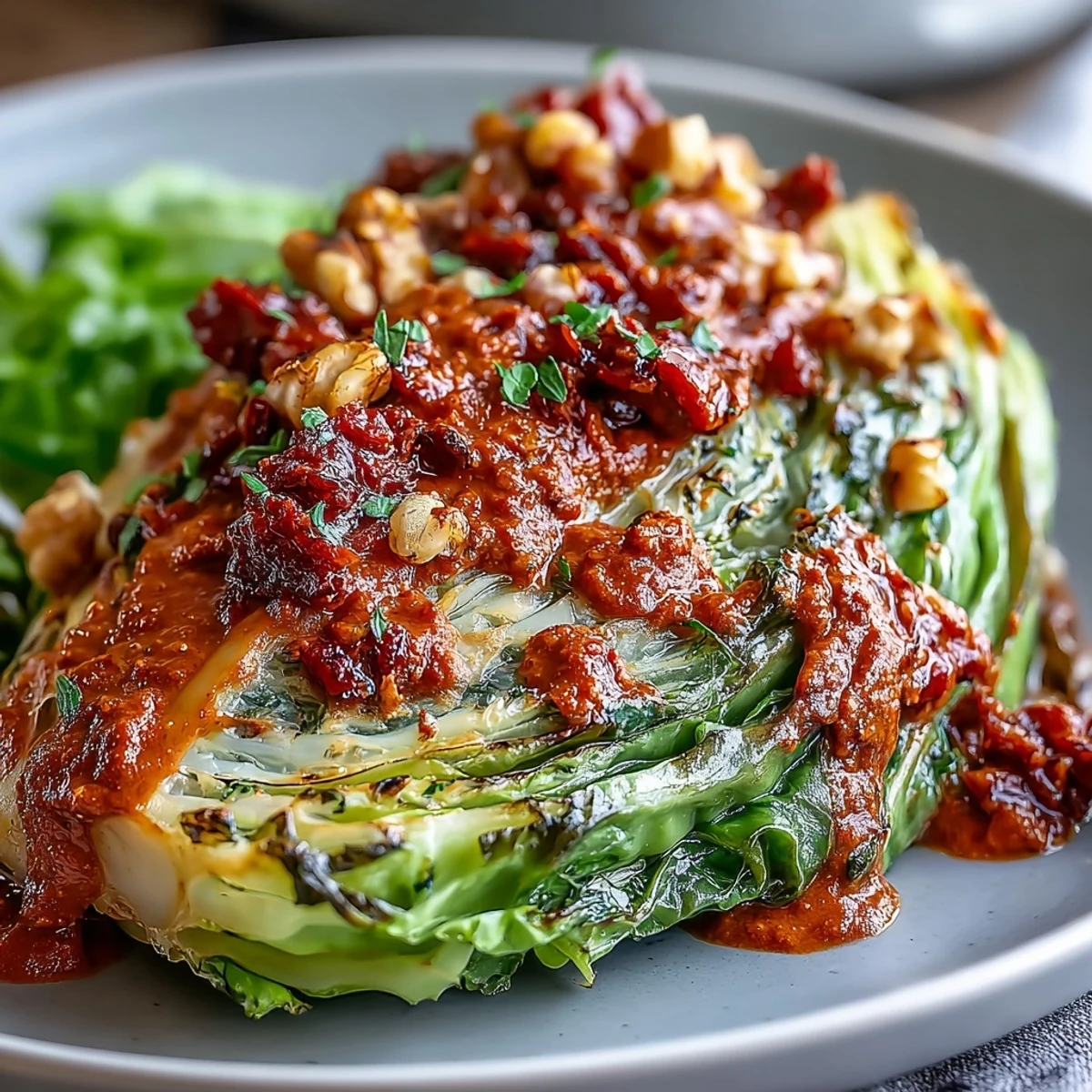 Warm, caramelized baked cabbage salad topped with rich romesco, crunchy walnuts, and a squeeze of lemon.