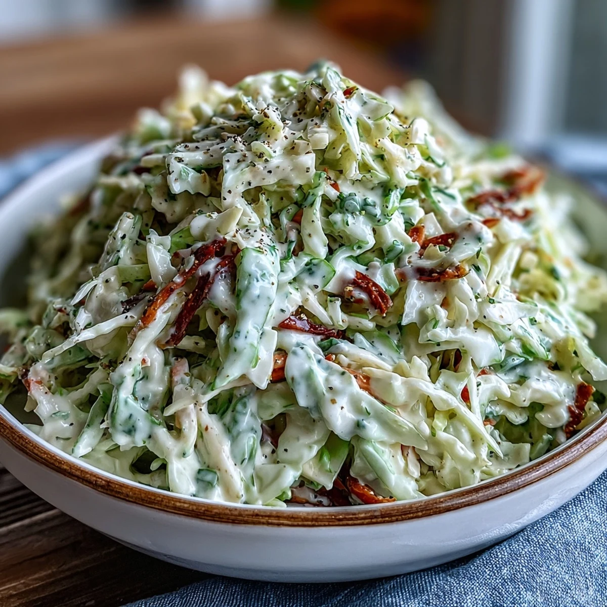 Bright and crunchy coleslaw with creamy dressing in a white bowl, garnished with parsley for a classic barbecue side.