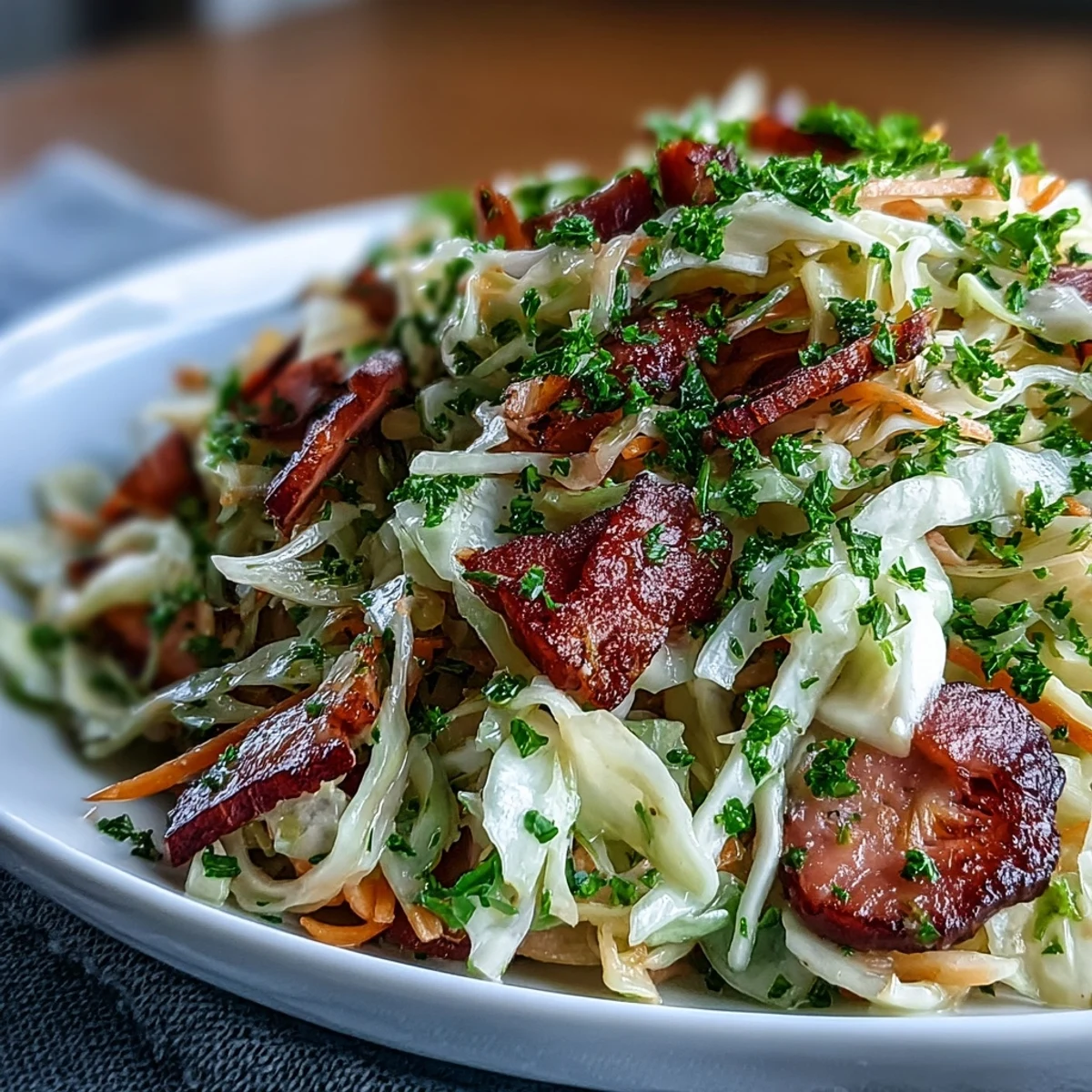 Freshly shredded green and red cabbage tossed with grated carrot and smoky ham, dressed in tangy German coleslaw. 