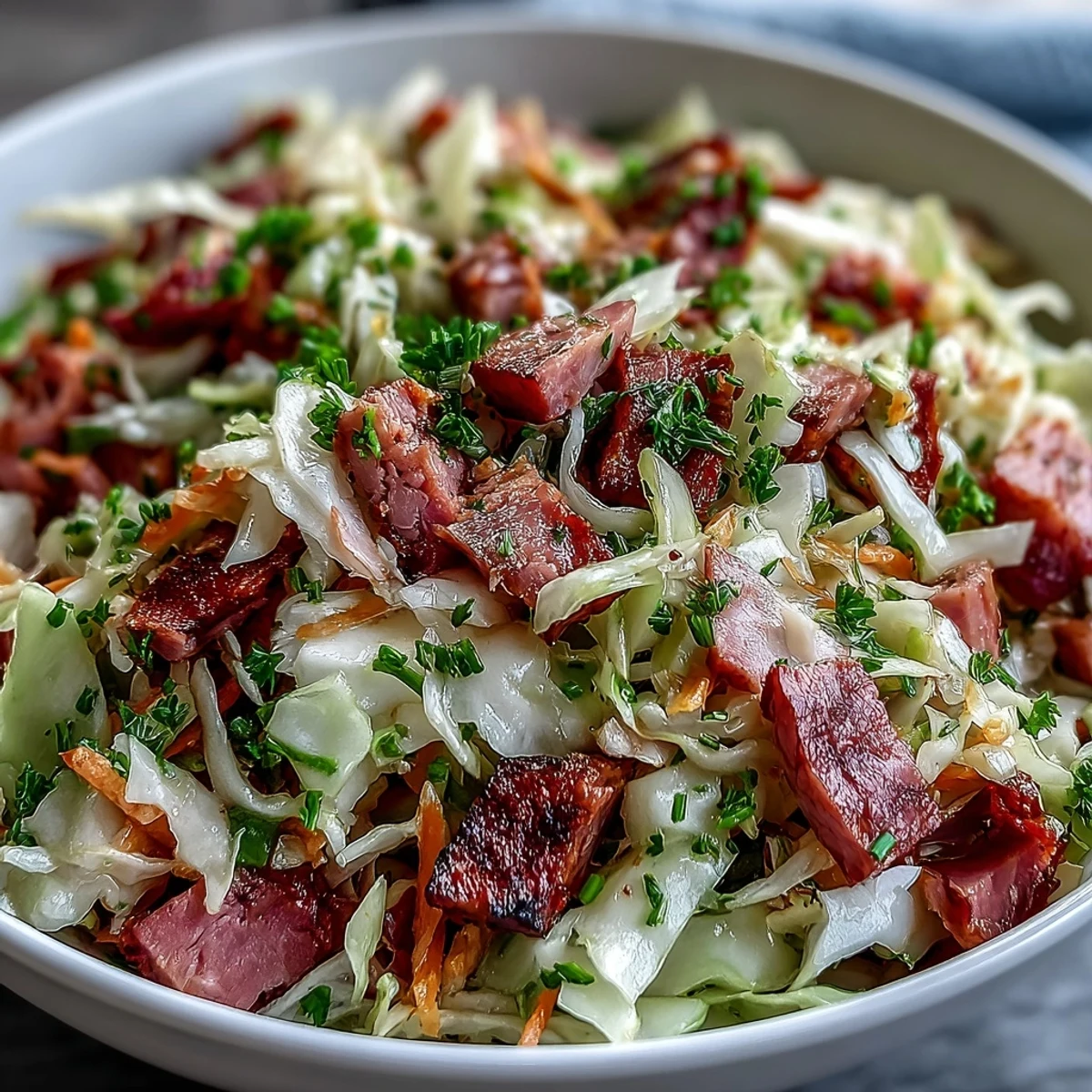 Vibrant German Cabbage Coleslaw With Shredded Ham mixed with crisp vegetables and caraway seeds on a rustic table.