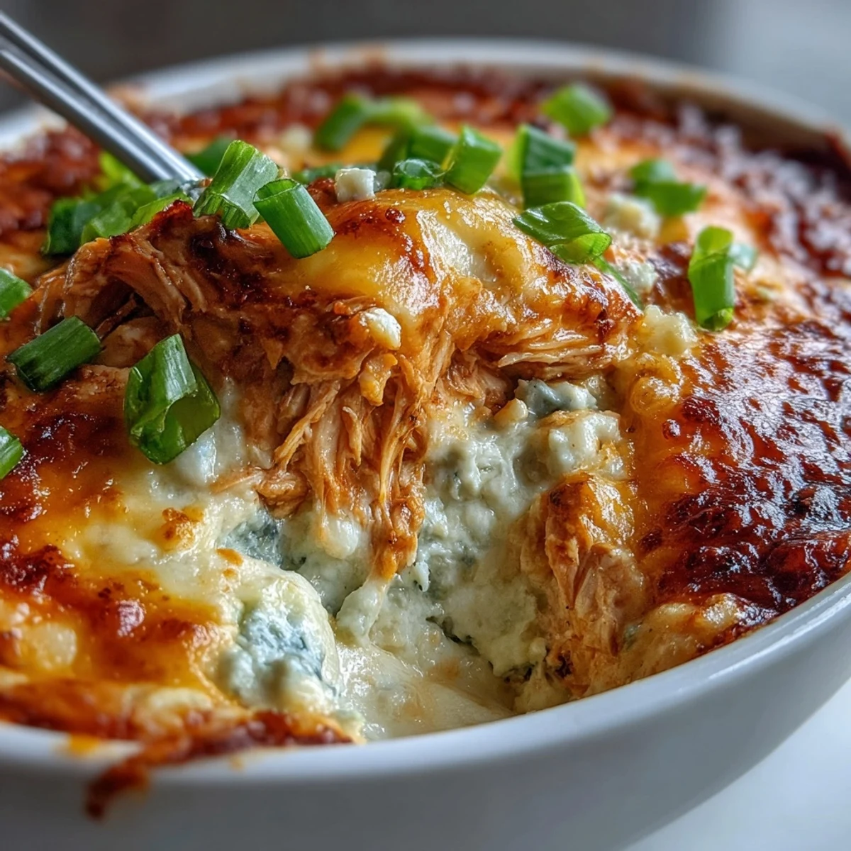 Hot, bubbly Buffalo Chicken Dip in a baking dish, topped with melted cheddar and garnished with fresh green onions for a spicy game day appetizer.