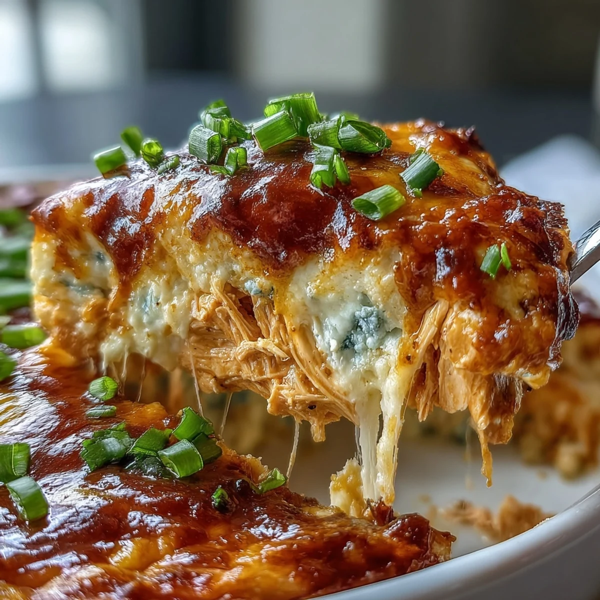 Creamy Buffalo Chicken Dip served warm from the oven, golden and bubbling, with a side of crisp celery sticks and blue cheese crumbles.