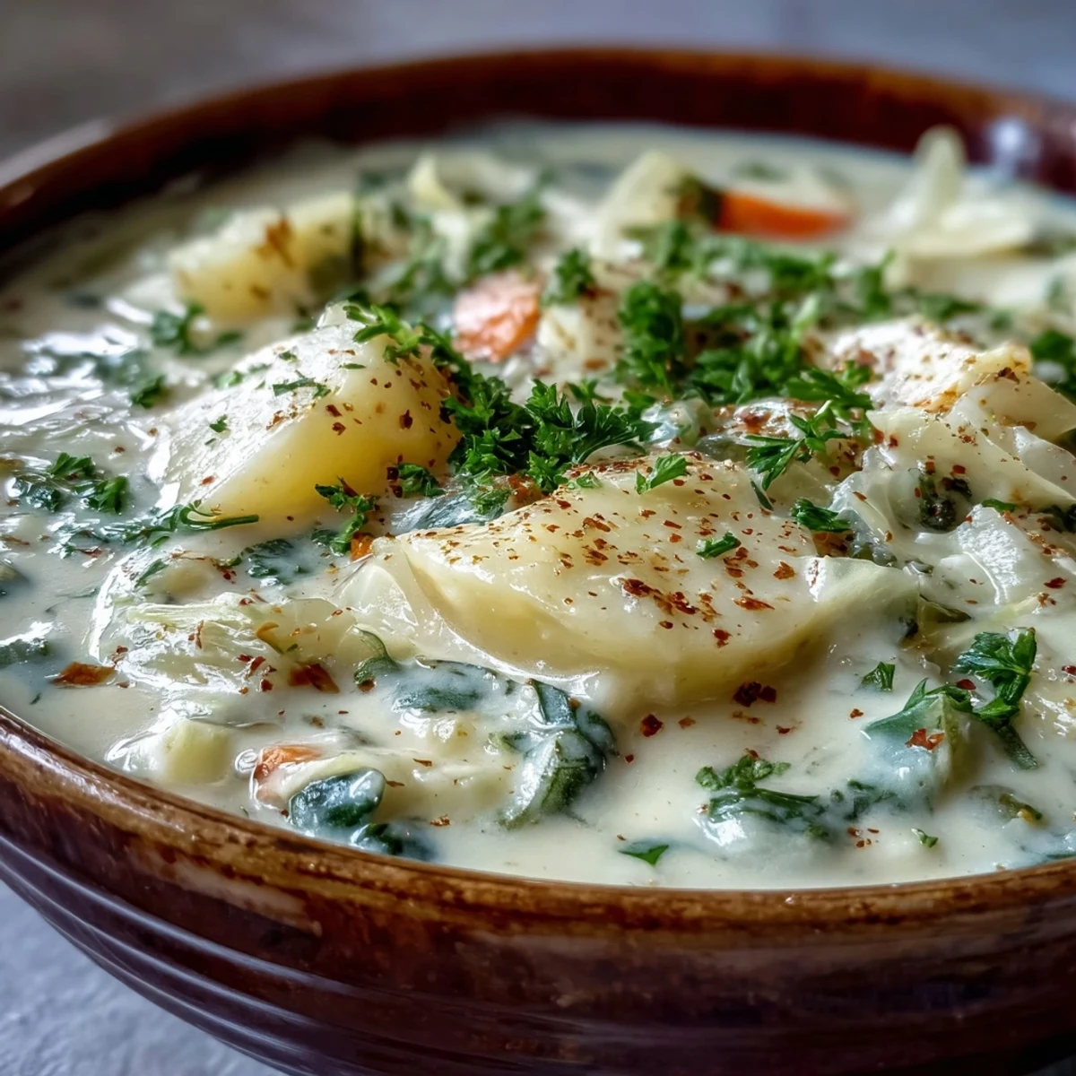 Creamy Potato Soup with Cabbage served steaming hot in a rustic bowl, garnished with fresh parsley and a side of crusty bread.