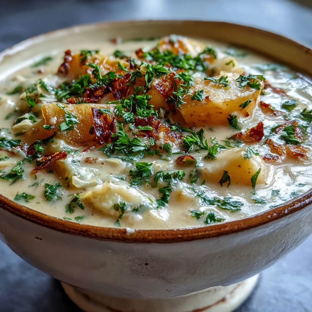 Top-down view of Creamy Potato Soup with Cabbage, showcasing its velvety texture with tender potato and cabbage chunks on a cozy wooden table.