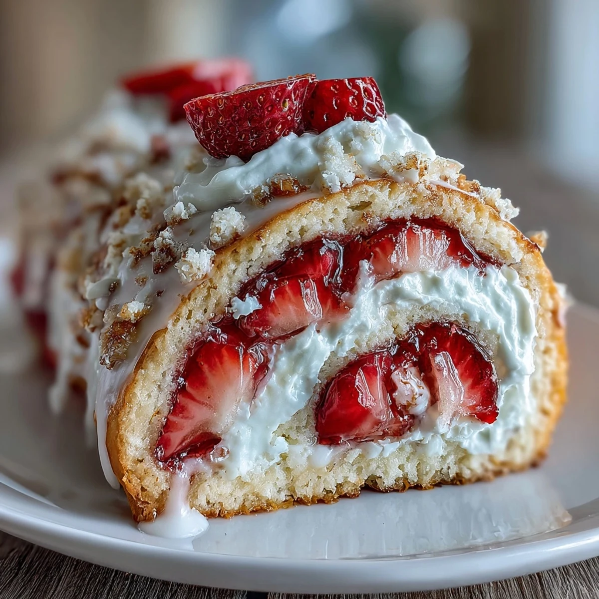 Bright strawberries and smooth whipped cream fill these homemade Strawberry Shortcake Sushi Rolls, drizzled with white chocolate on a serving platter.