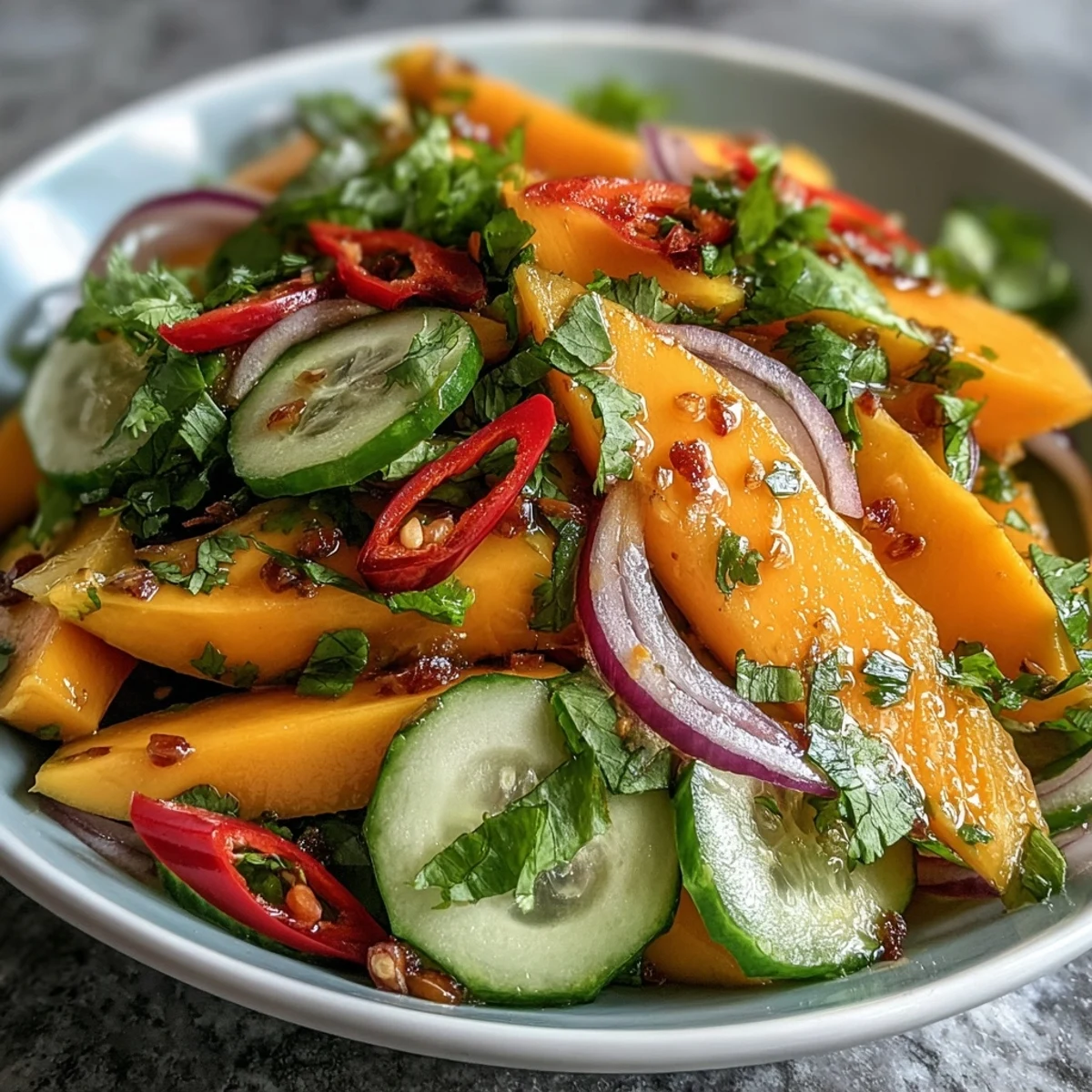 Sliced red bell pepper, red onion, cucumber, and optional Thai chilies mingle with sweet mango in a tangy lime dressing.