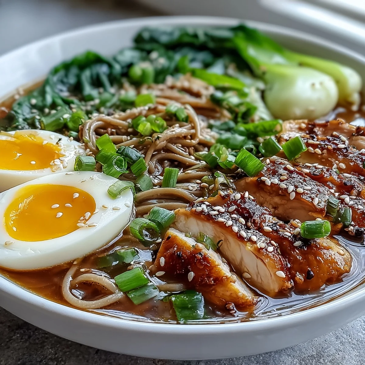 A spoonful of Healthy Miso Chicken Noodle Bowls reveals a flavorful miso broth with chicken, soba noodles, bok choy, and a halved soft-boiled egg.