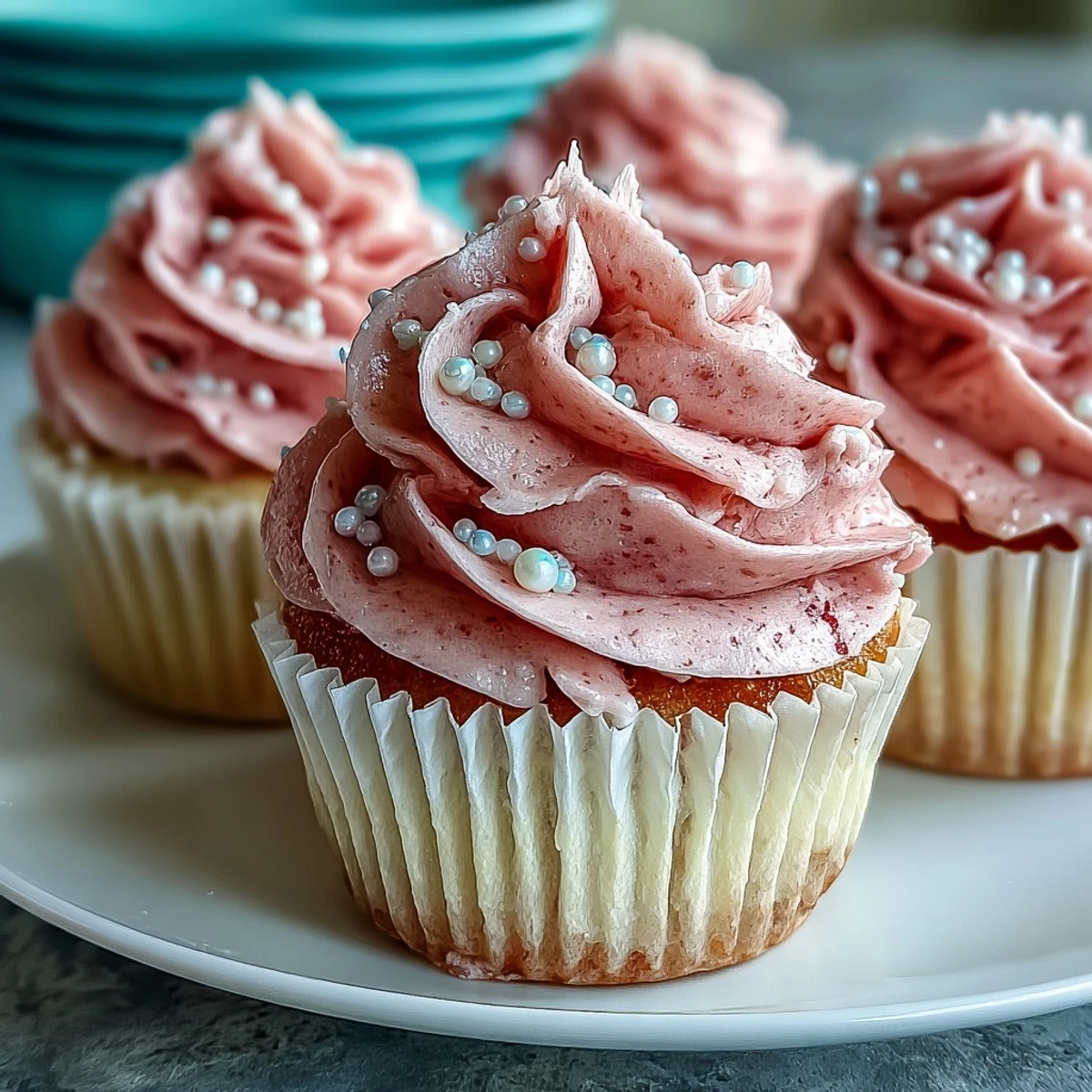 Freshly baked Pink Velvet Cupcakes with vanilla buttercream frosting, topped with pink sprinkles on a marble counter.