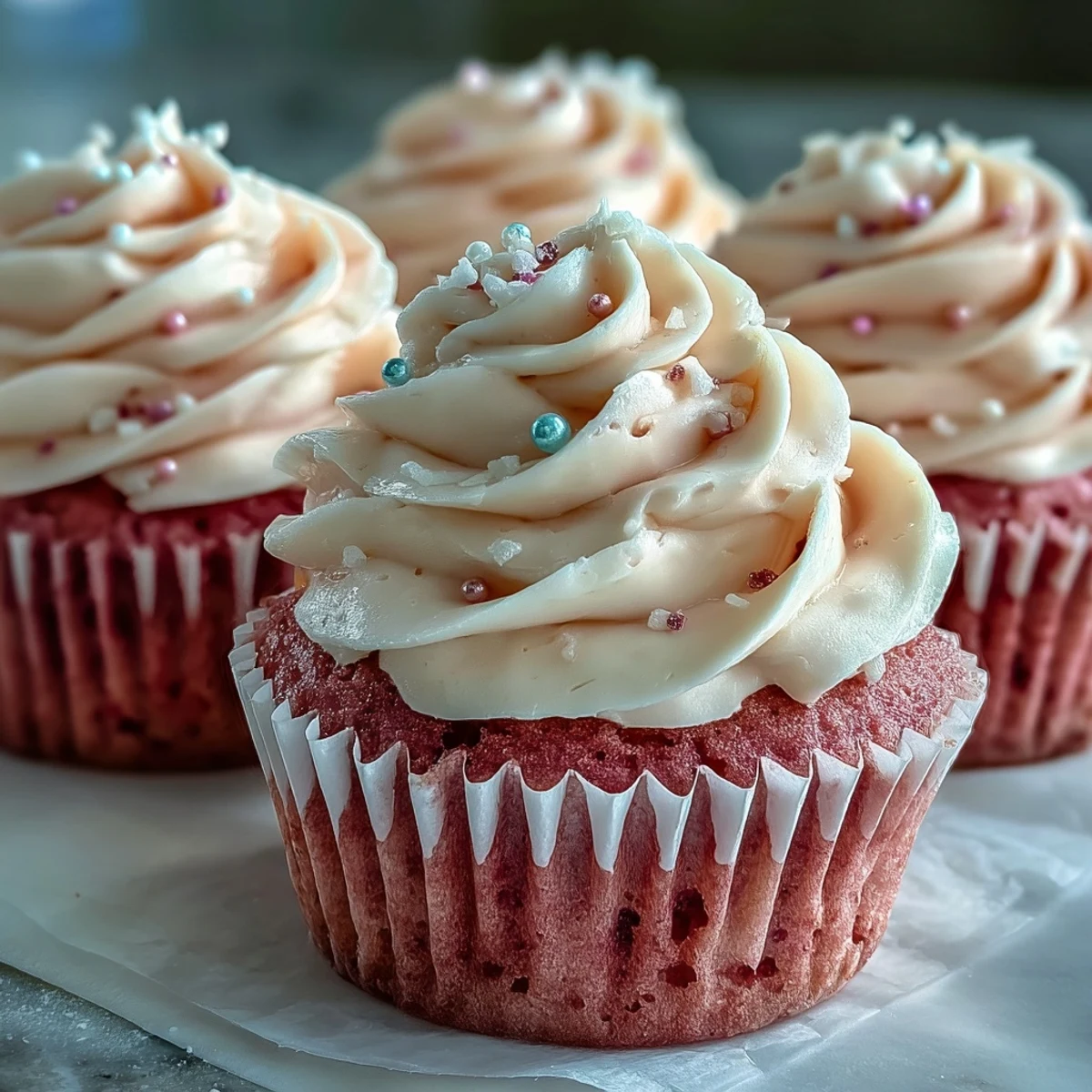 Two Pink Velvet Cupcakes with swirls of vanilla buttercream frosting, served on a white plate for a party.