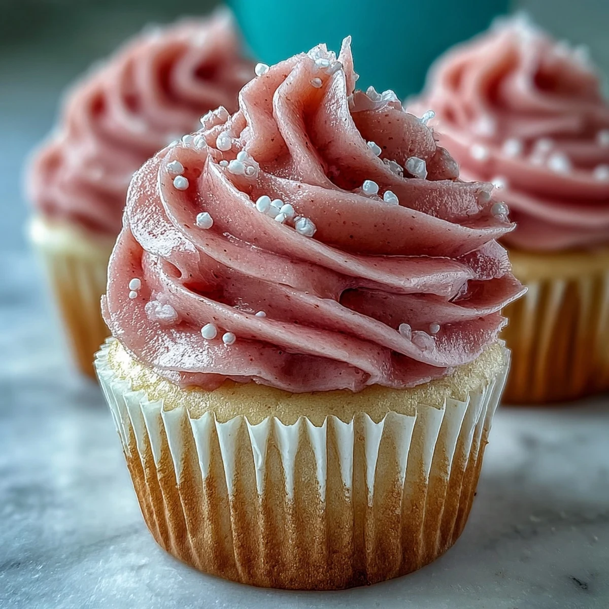 Close-up of a Pink Velvet Cupcake with fluffy vanilla buttercream frosting and a delicate blush-pink crumb.