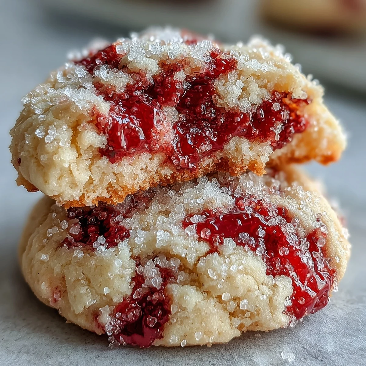 A close-up view highlights the tender texture and jammy raspberry pieces inside these Soft Chewy Raspberry Sugar Cookies.