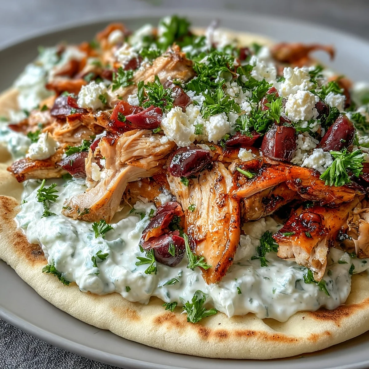 Golden-brown, charred Mediterranean Chicken Gyros are layered with creamy feta tzatziki, crisp lettuce, tomatoes, and olives on warm pita bread.