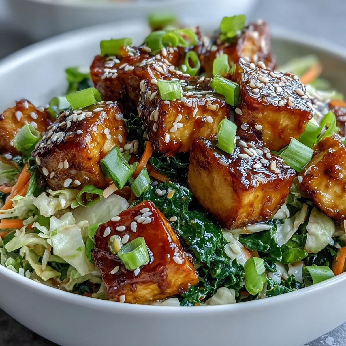 Golden pan-fried tofu cubes glisten in a hot skillet alongside vibrant sautéed cabbage, kale, and julienned carrots for this Tofu Egg Roll in a Bowl.