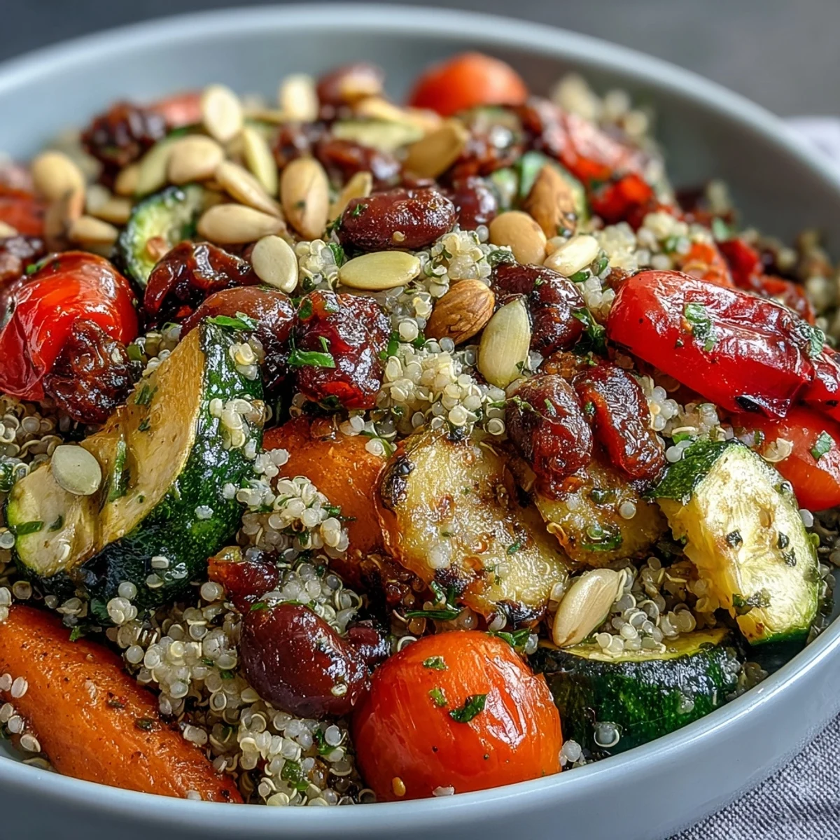 Golden roasted vegetables and fluffy quinoa fill this Veggie and Quinoa Power Bowl, topped with black beans and crunchy almonds.