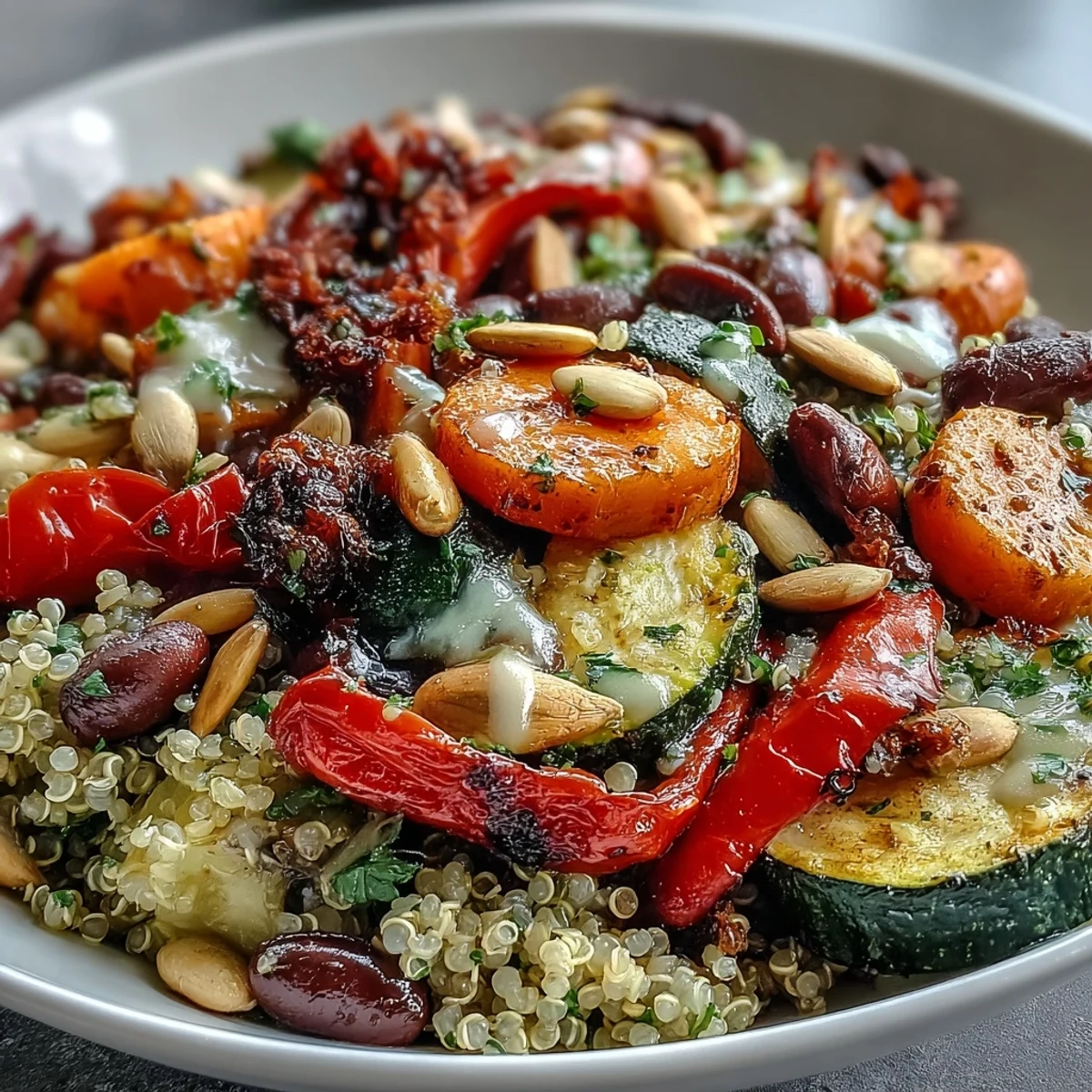 A close-up view of a Veggie and Quinoa Power Bowl featuring colorful zucchini, bell peppers, and a drizzle of lemon vinaigrette.