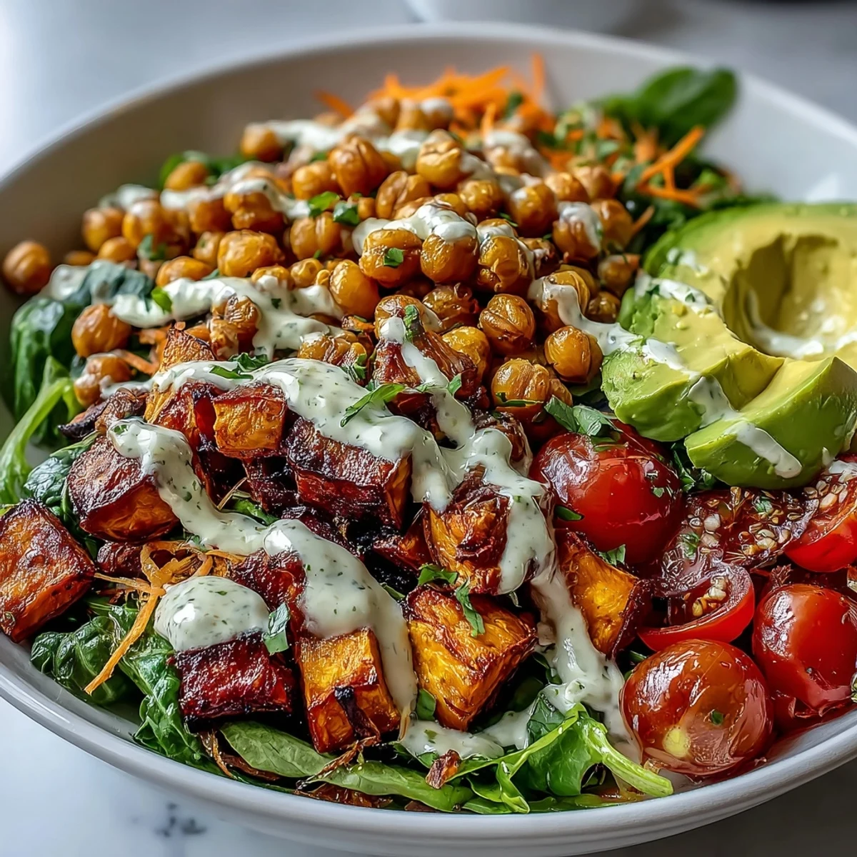 A vibrant Breakfast Buddha Bowl with roasted sweet potatoes, crispy chickpeas, and fresh vegetables on a bed of greens.