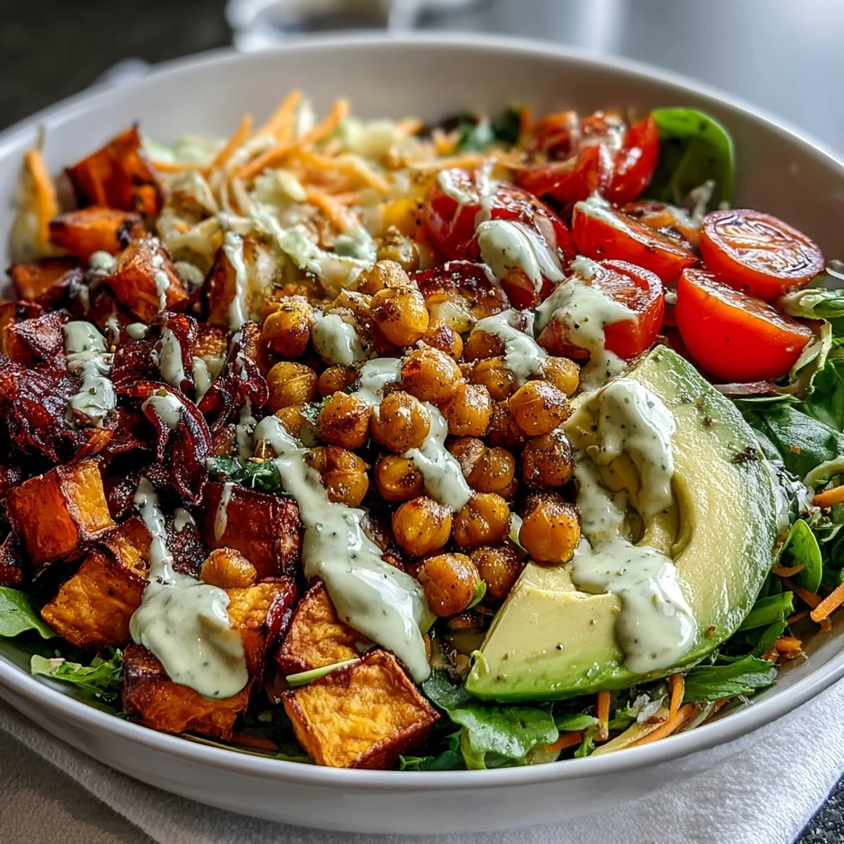 Colorful roasted sweet potato cubes and golden chickpeas top a Breakfast Buddha Bowl, drizzled with creamy tahini dressing.