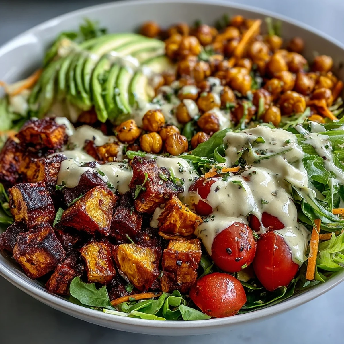 Breakfast Buddha Bowl with mixed greens, avocado, cucumber, and cherry tomatoes, ready to serve for a healthy morning meal.