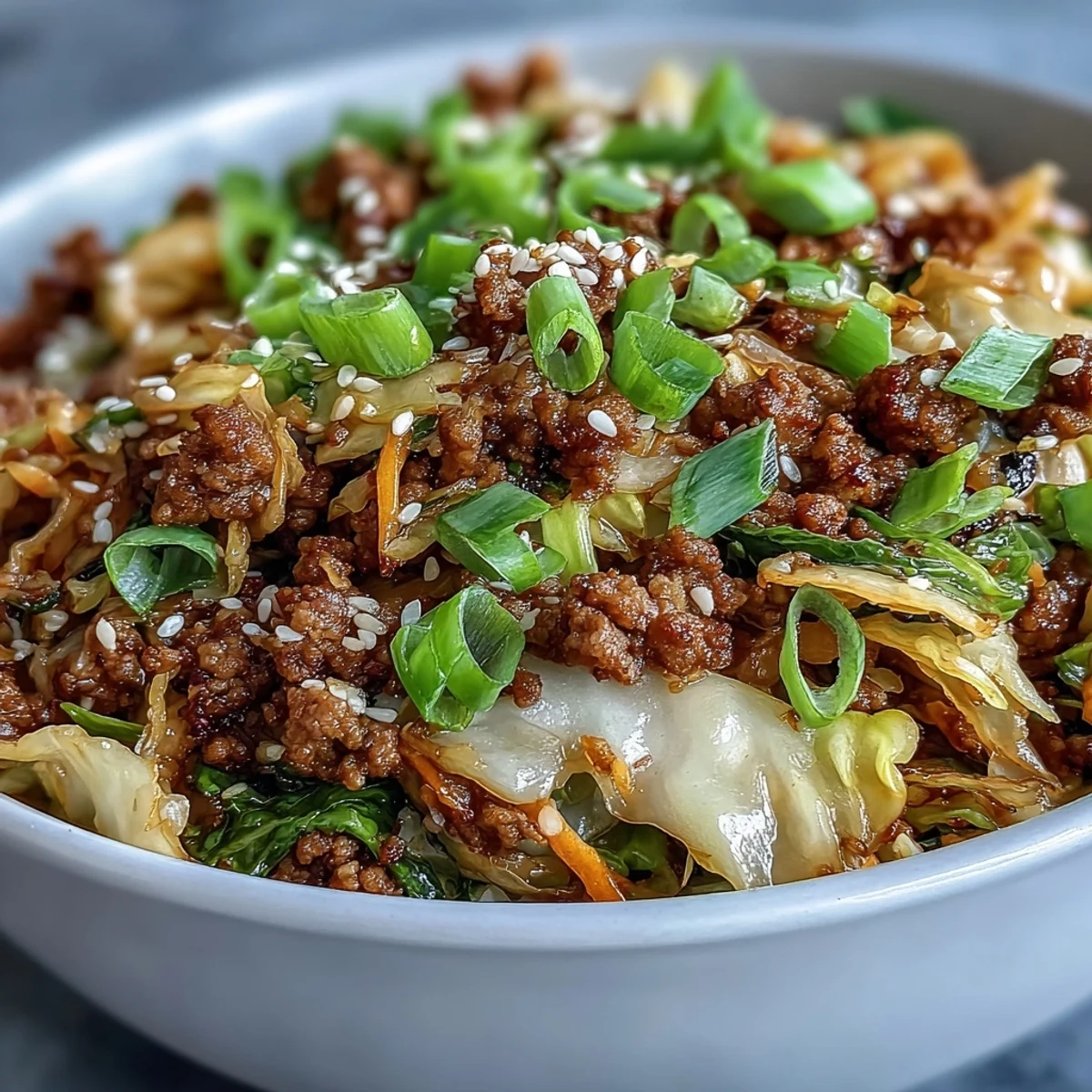 Golden brown ground pork sizzles with ginger and garlic in a skillet, mixed with vibrant shredded cabbage and carrots in this Egg Roll in a Bowl.