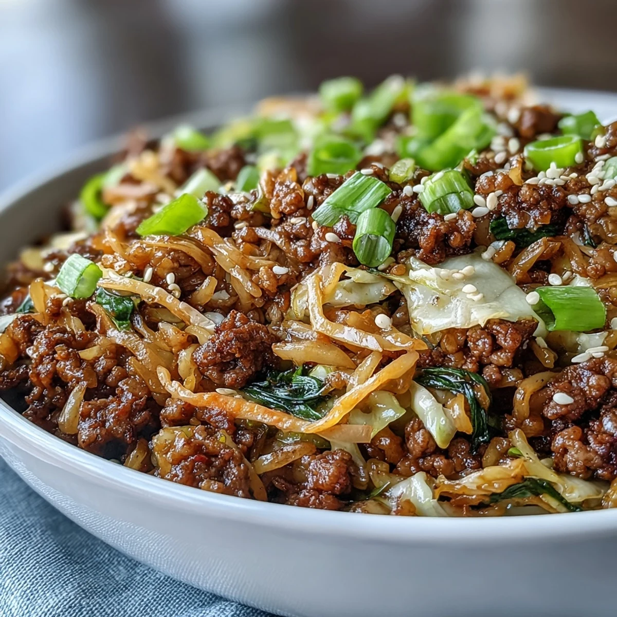 A fork lifts steaming ground turkey and crunchy slaw from a wok, showcasing a low-carb Egg Roll in a Bowl garnished with fresh green onions.