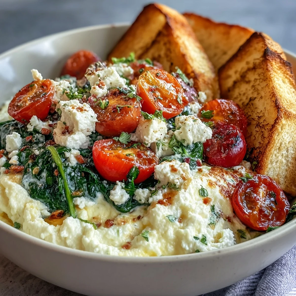 A vibrant Spinach and Feta Breakfast Bowl featuring fluffy scrambled eggs, sautéed spinach, and juicy cherry tomatoes on a rustic plate.  
