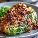 Warm, caramelized baked cabbage salad topped with rich romesco, crunchy walnuts, and a squeeze of lemon.