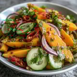 Sliced red bell pepper, red onion, cucumber, and optional Thai chilies mingle with sweet mango in a tangy lime dressing.