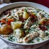 Rich and comforting Slow Cooker Chicken Pot Pie Soup, loaded with shredded chicken, hearty vegetables, and a thick, savory cream base, perfect for chilly evenings.  